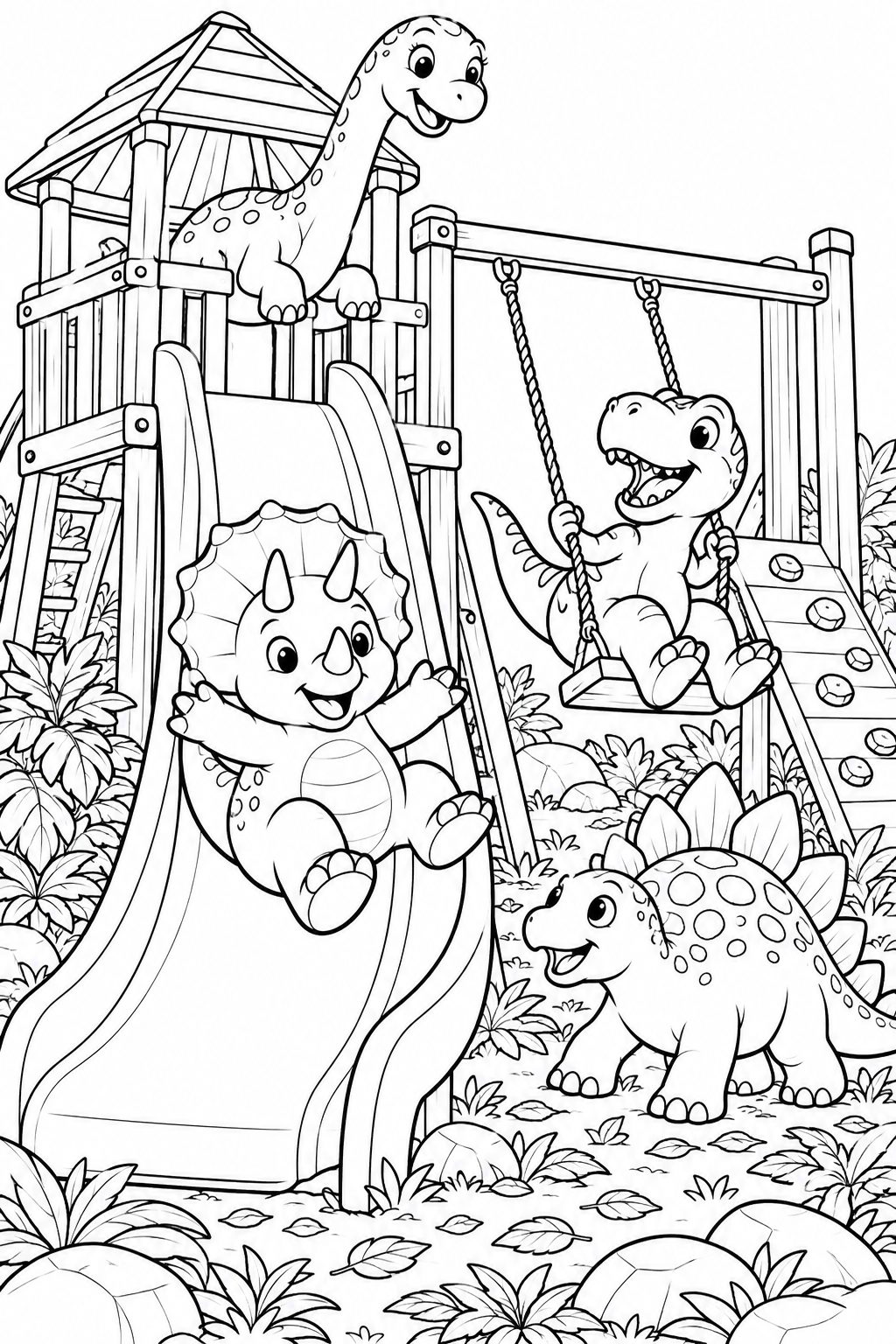 A dinosaur playground - black-and-white coloring illustration