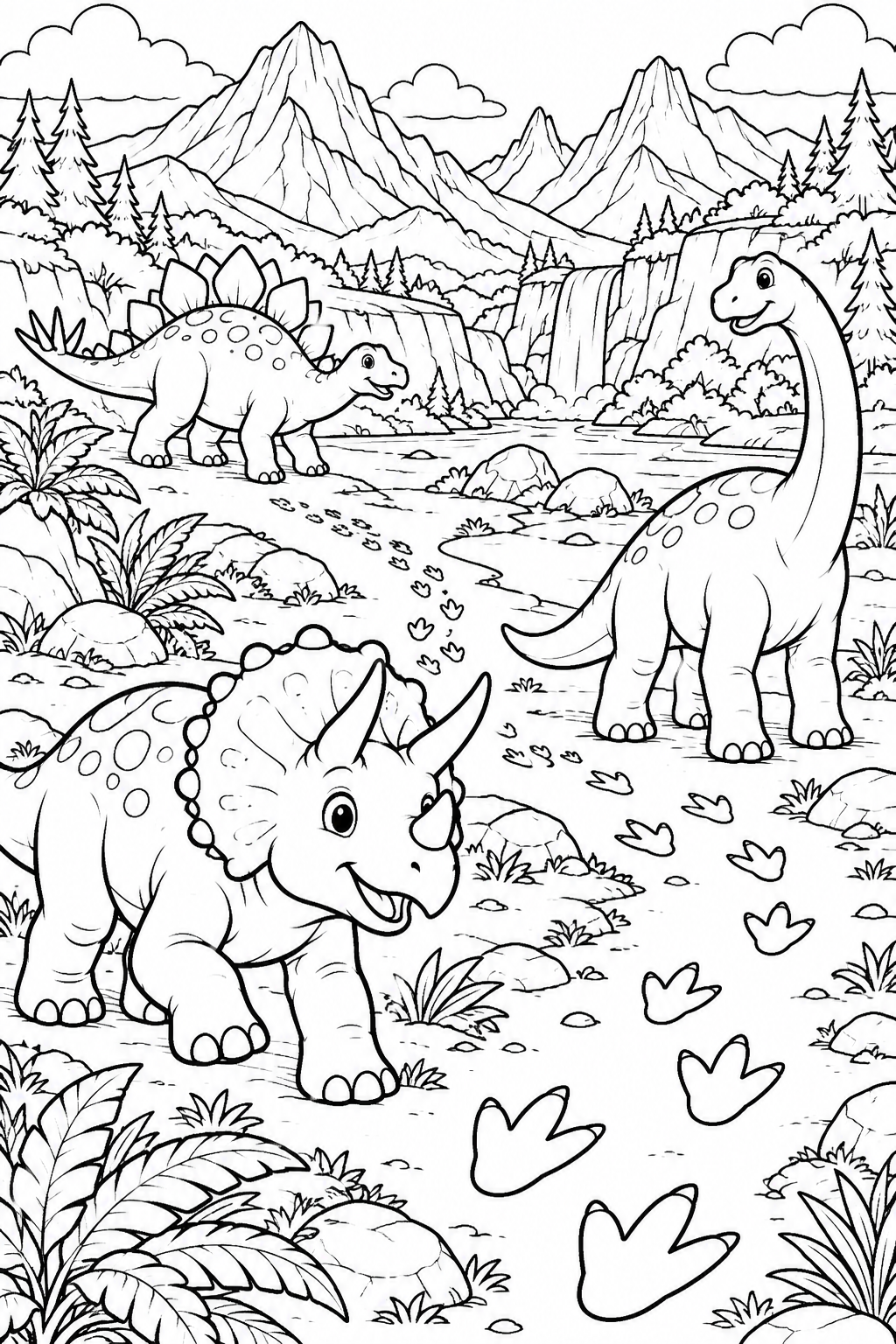 Dinosaur footprint trail - black-and-white coloring illustration