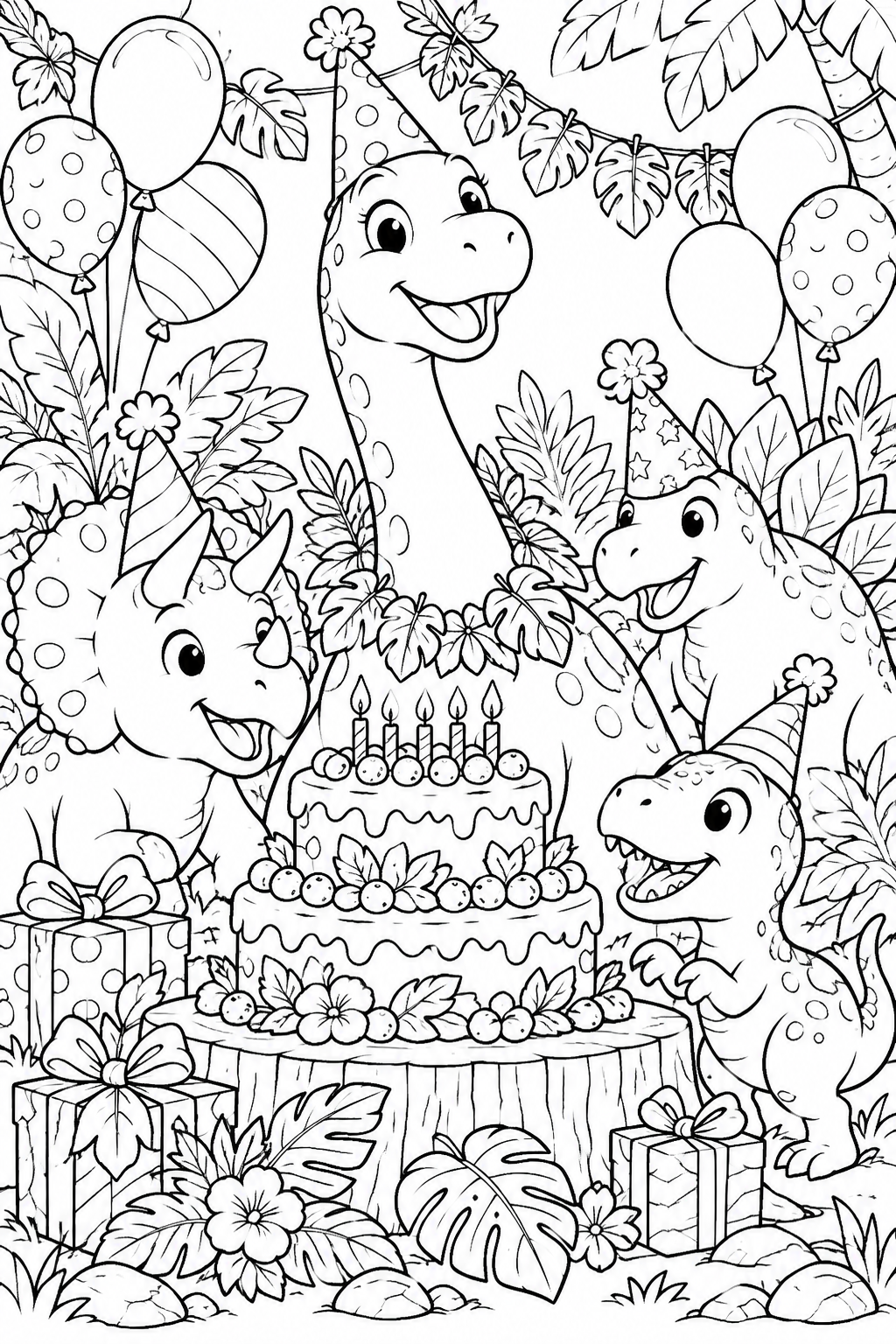 A dinosaur birthday - black-and-white coloring illustration