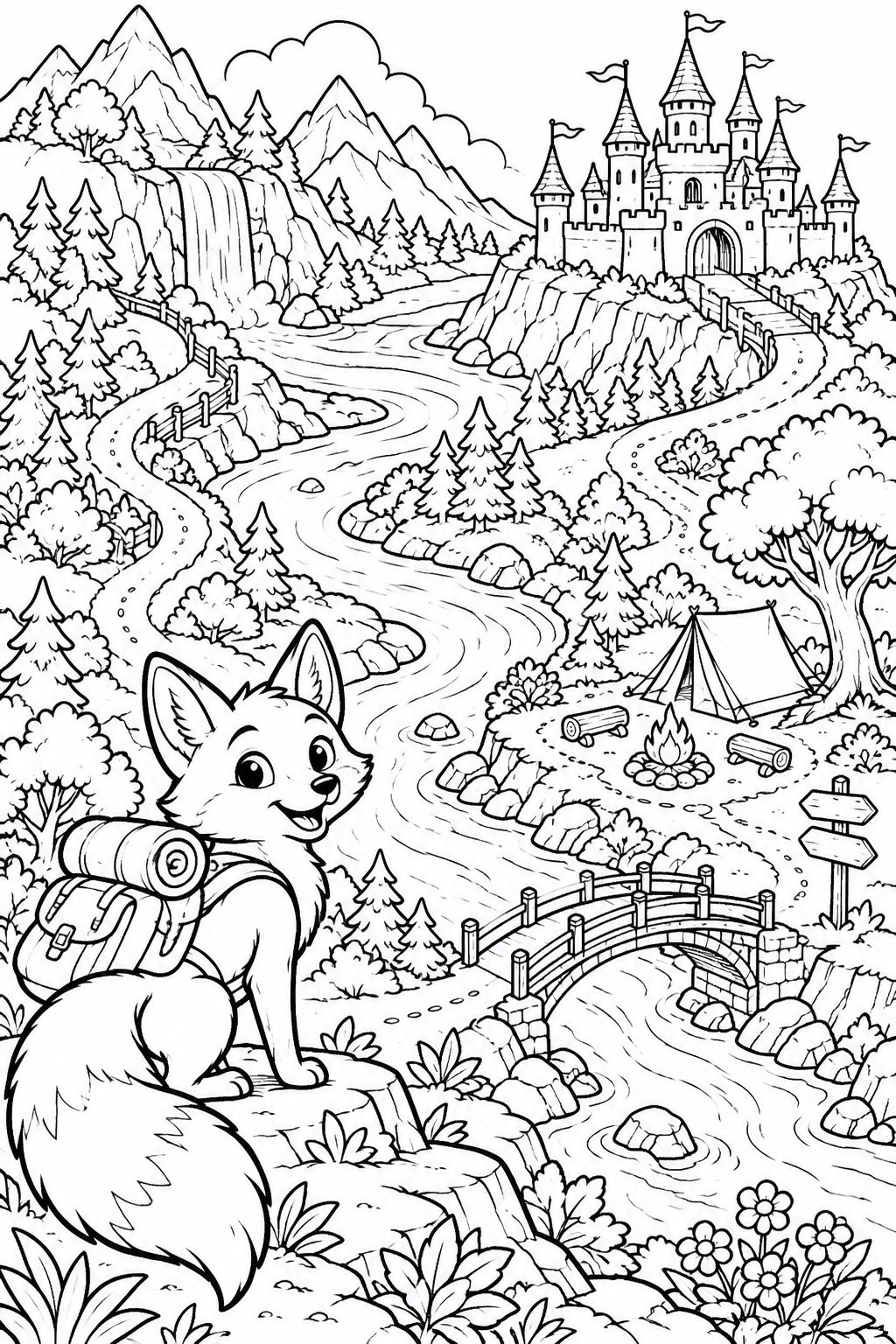 The fox’s adventure map - black-and-white coloring illustration