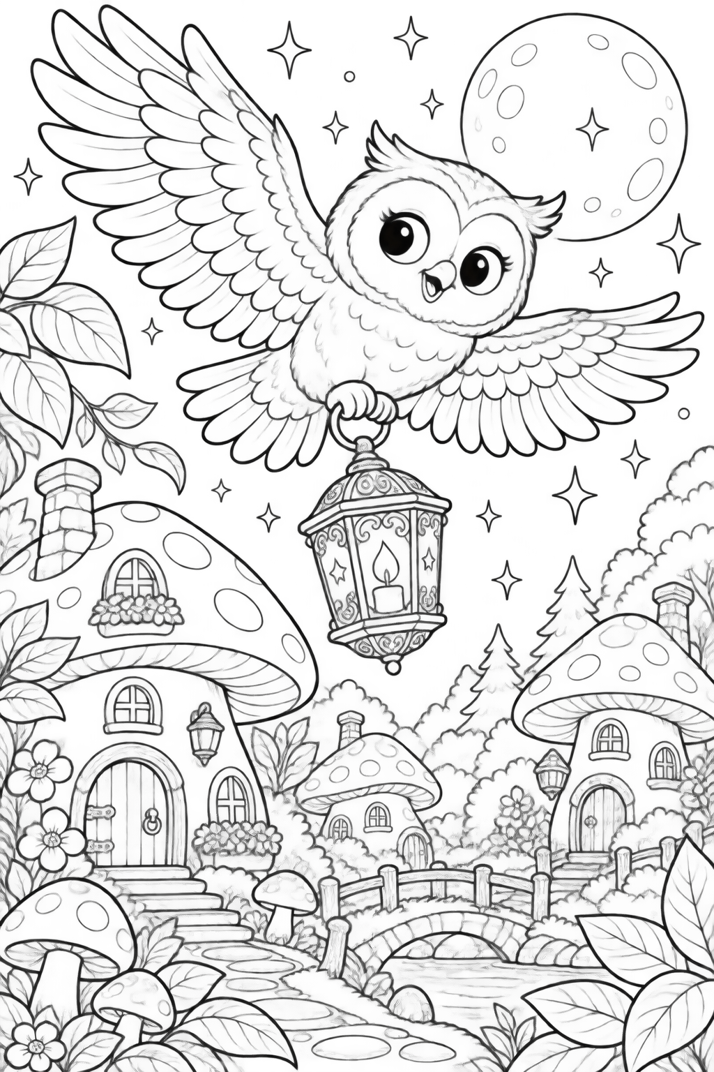 A lantern for an owl - black-and-white coloring illustration