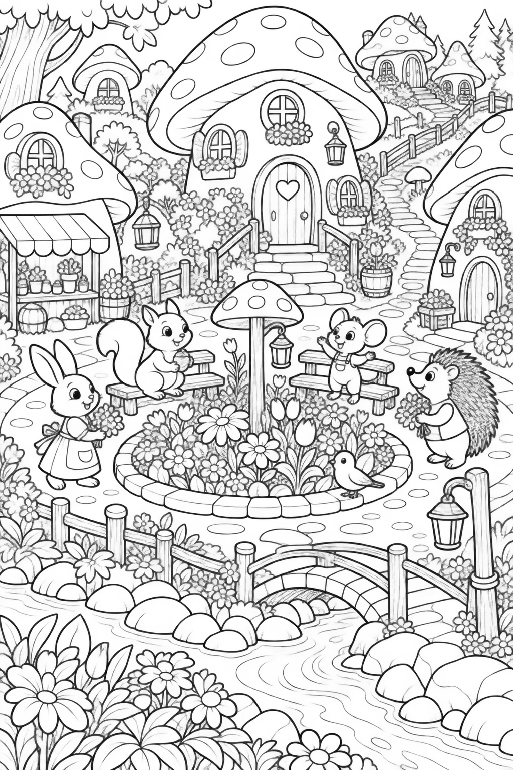 A secret mushroom village - black-and-white coloring illustration