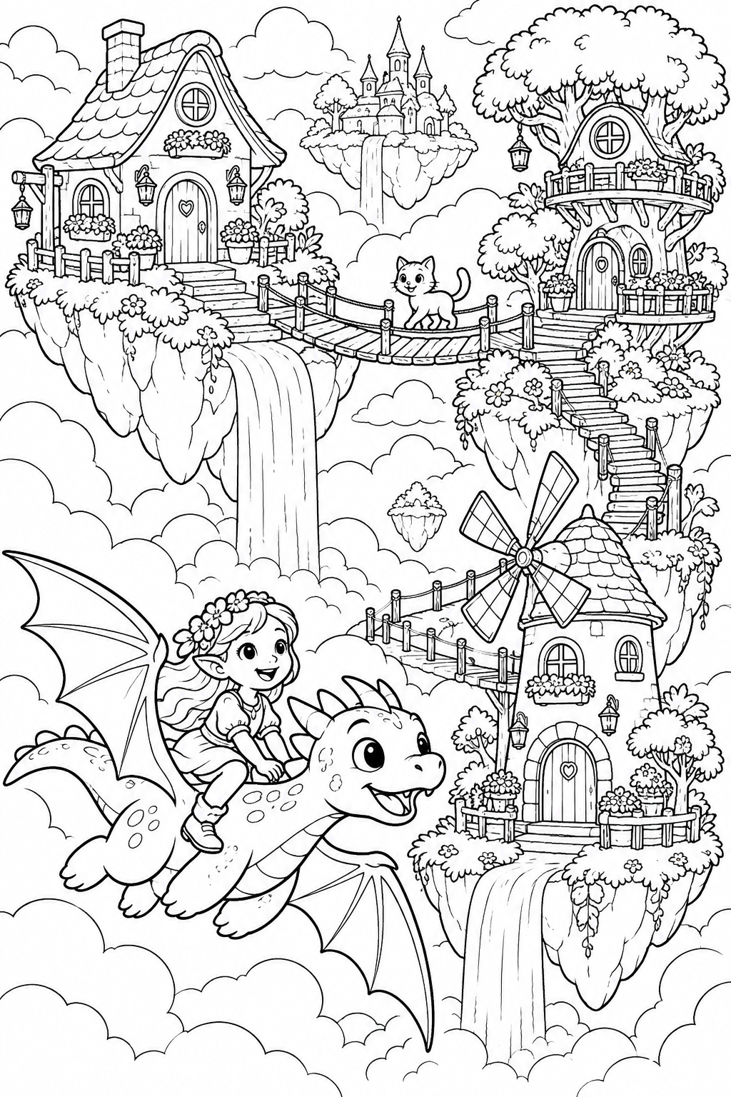 A village in the clouds - black-and-white coloring illustration