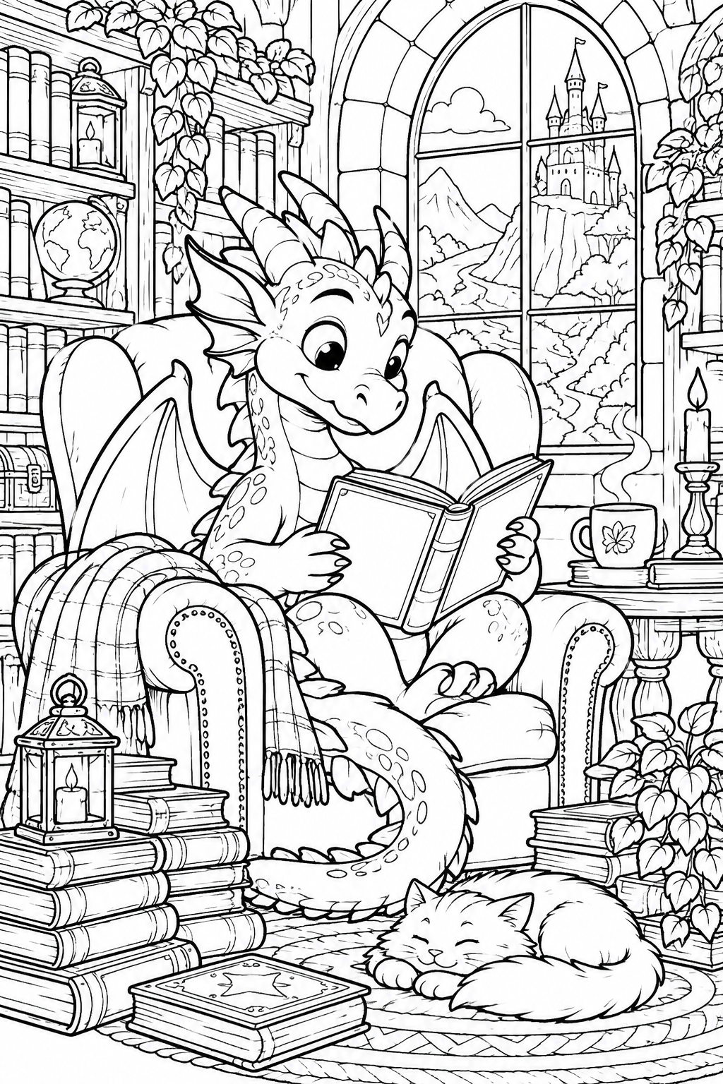 A dragon’s reading room - black-and-white coloring illustration