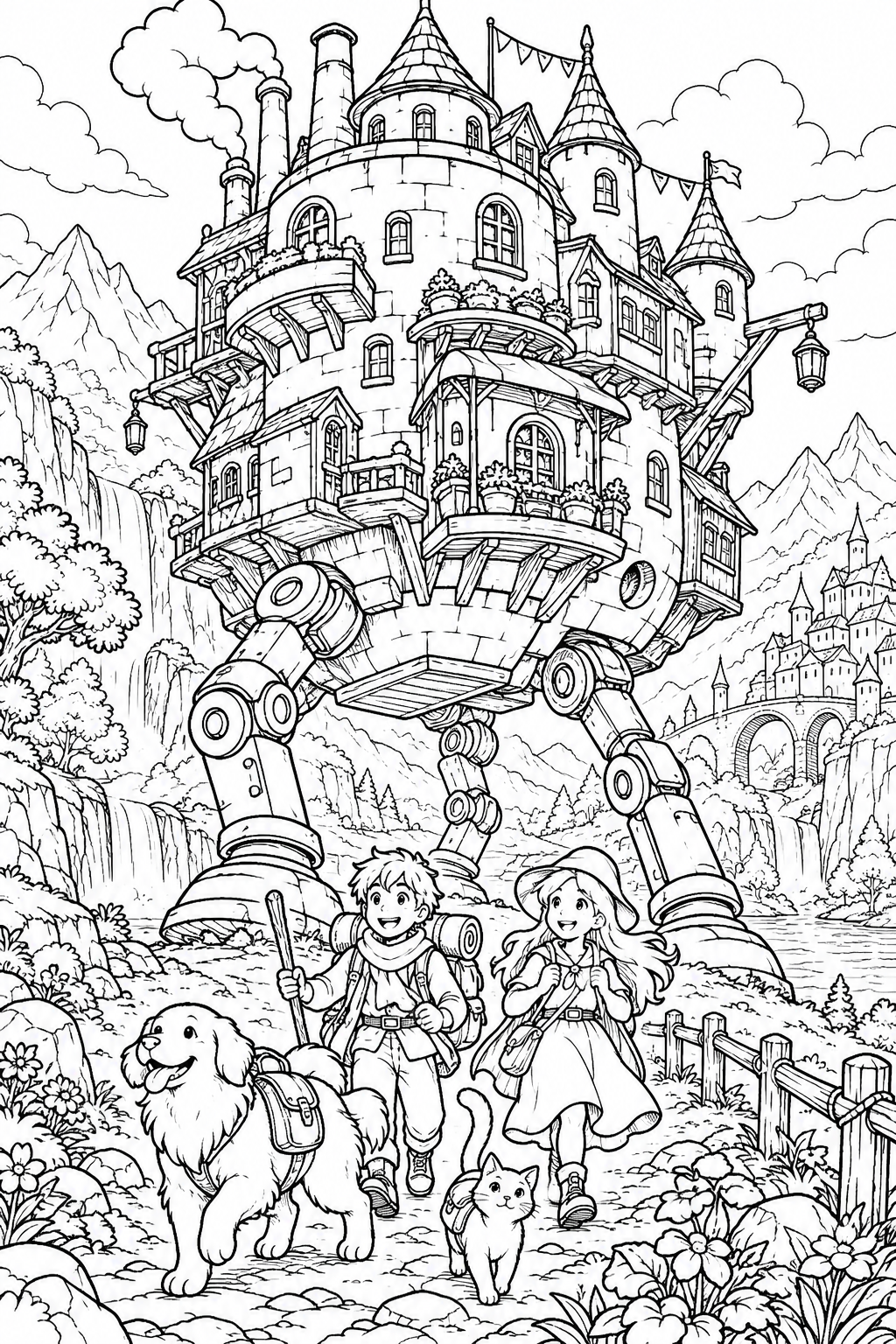 The walking castle - black-and-white coloring illustration