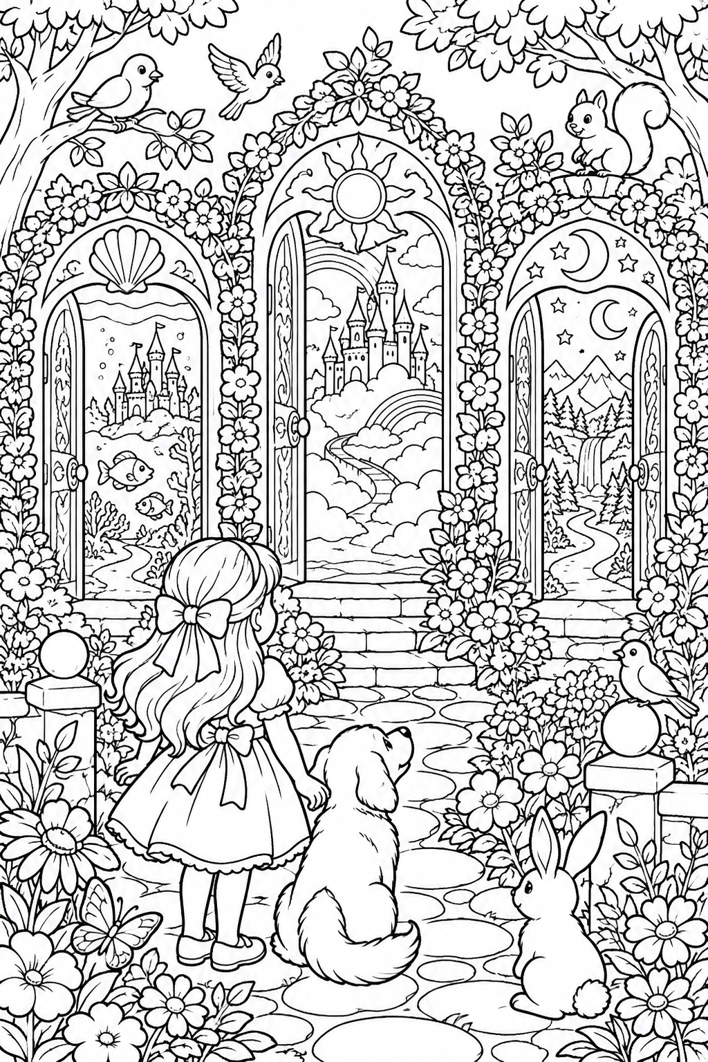 A garden of doors - black-and-white coloring illustration
