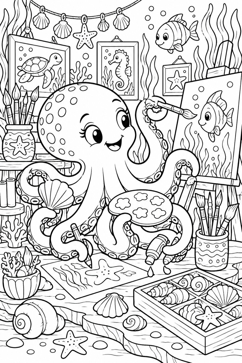 The octopus art studio - black-and-white coloring illustration