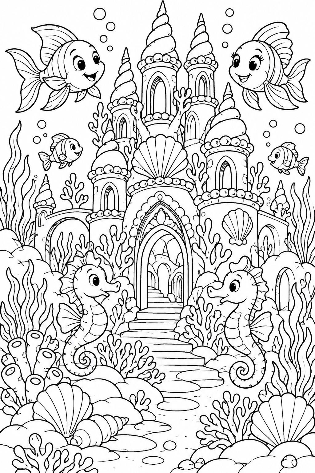 A coral castle - black-and-white coloring illustration