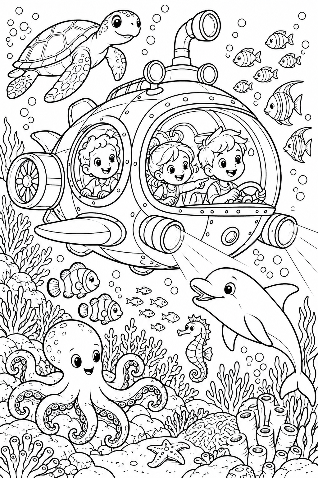 A submarine adventure - black-and-white coloring illustration