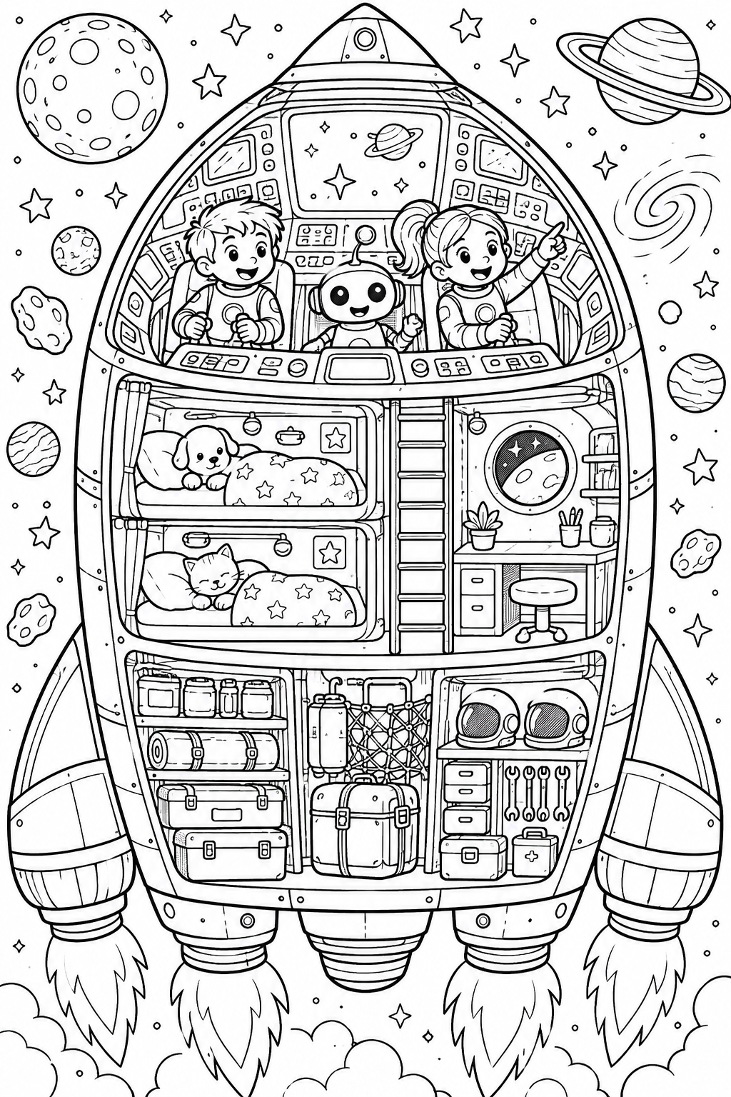Your explorer rocket - black-and-white coloring illustration