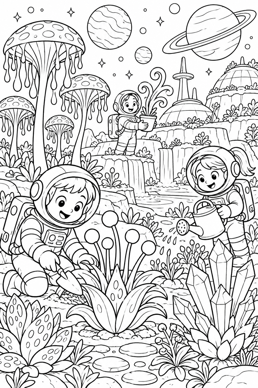 A planet of gardens - black-and-white coloring illustration