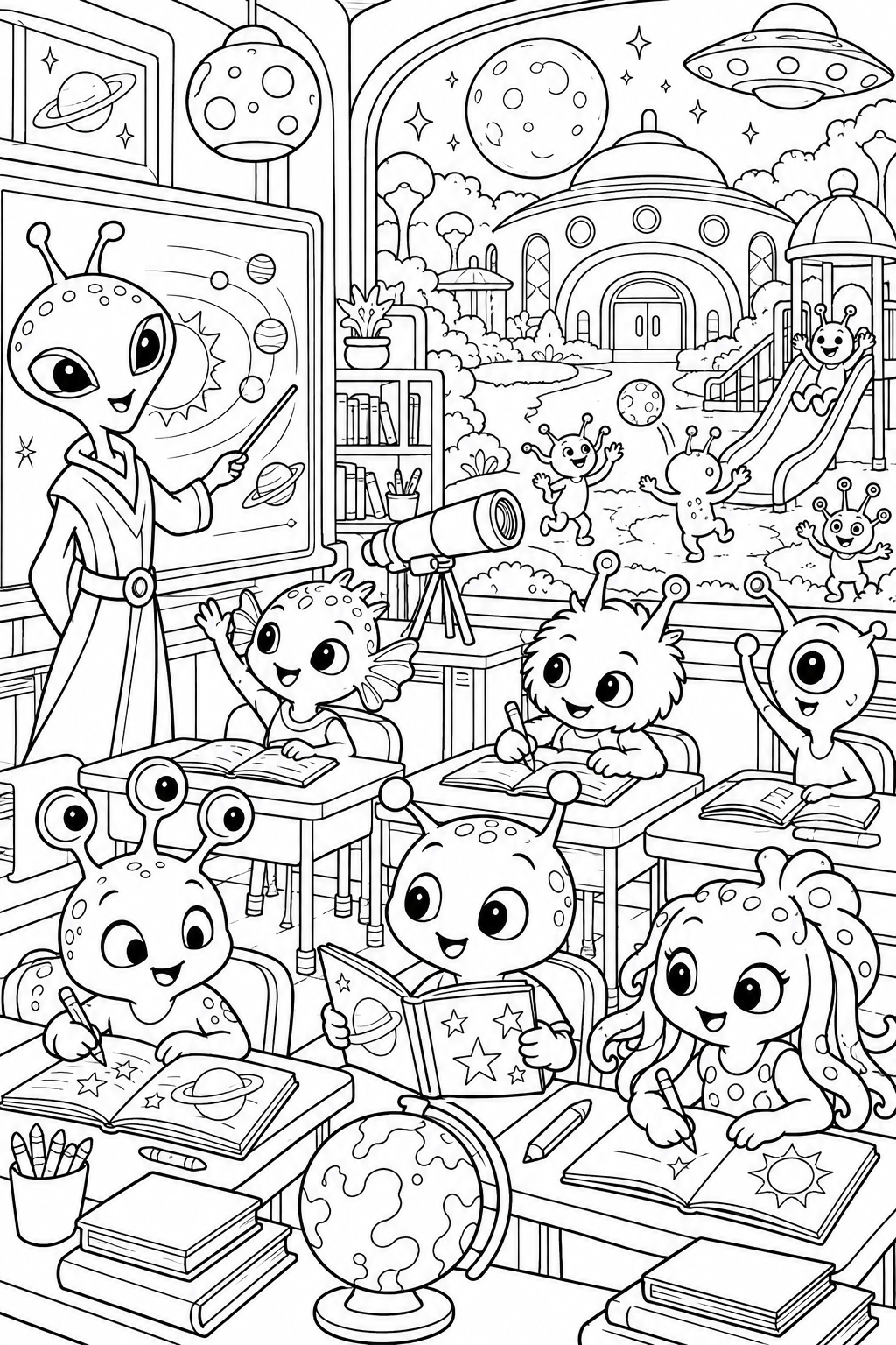 An alien school - black-and-white coloring illustration