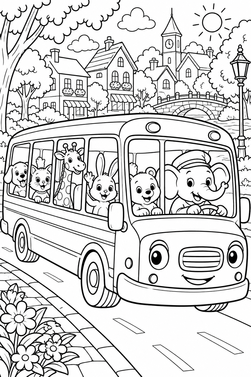 The animal bus - black-and-white coloring illustration