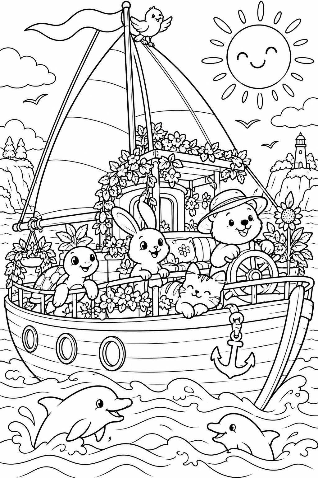 A boat with a garden - black-and-white coloring illustration
