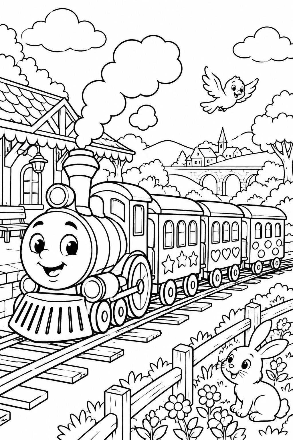 The rainbow train - black-and-white coloring illustration