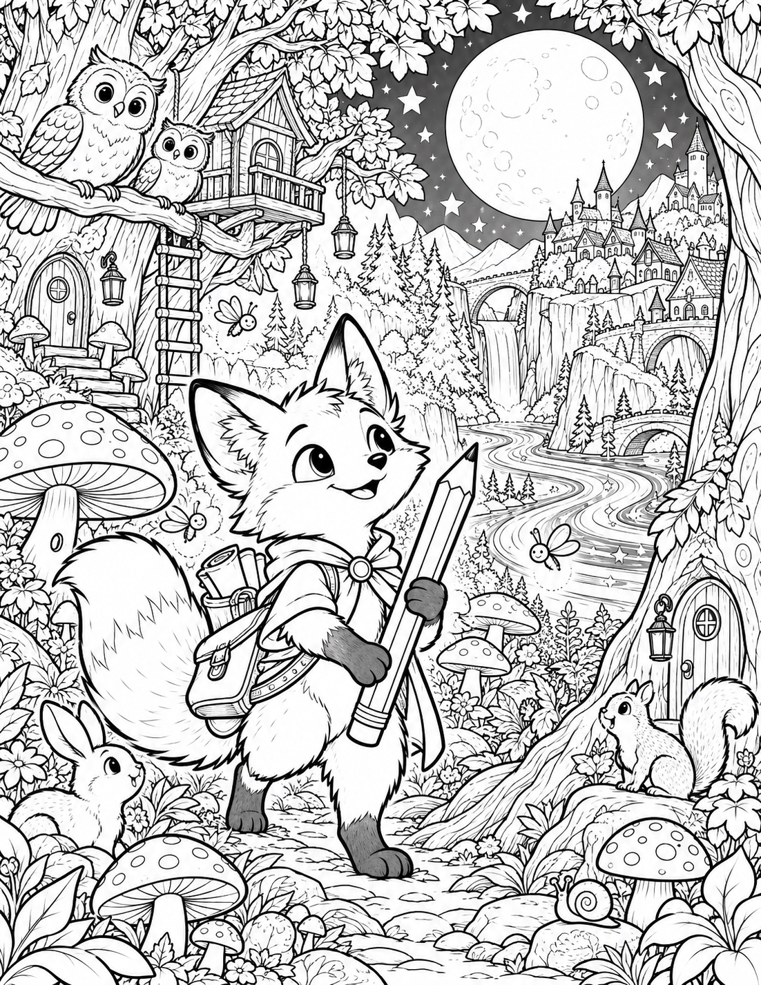 A friendly fox exploring an enchanted forest with mushroom homes and a moonlit castle